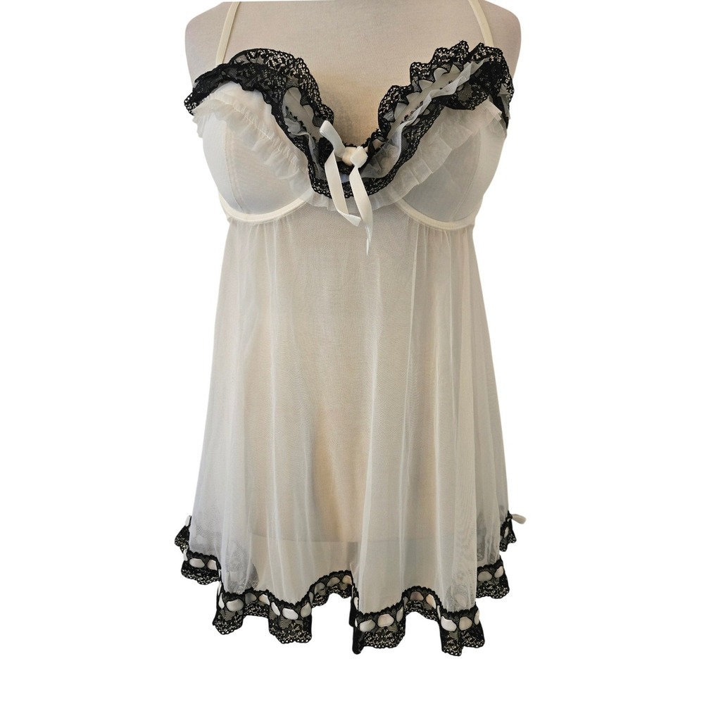 Jezebel White Mesh Babydoll Chemise Ruffles Lace Underwire Dainty Lingerie Med